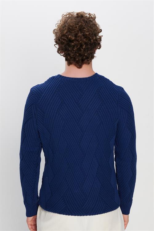 Erkek Slim Fit Dar Kesim Pamuklu Desenli Yumuşak Dokulu Saks Mavi Bisiklet Yaka Kazak