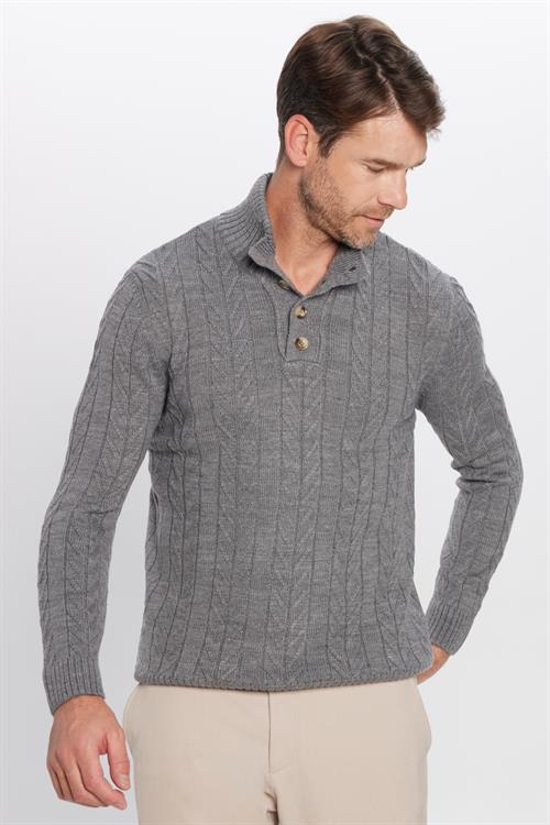 Erkek Slim Fit Dar Kesim Yumuşak Dokulu Desenli Dik Yaka Düğmeli Triko Gri Kazak