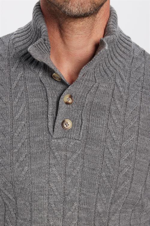 Erkek Slim Fit Dar Kesim Yumuşak Dokulu Desenli Dik Yaka Düğmeli Triko Gri Kazak