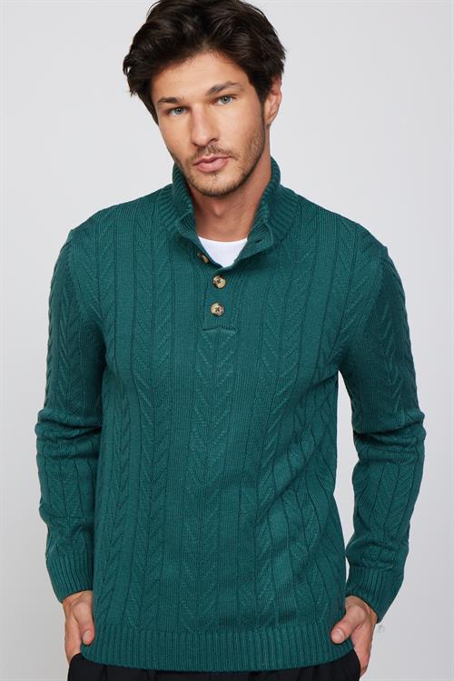 Erkek Slim Fit Dar Kesim Yumuşak Dokulu Desenli Dik Yaka Düğmeli Triko Yeşil Kazak