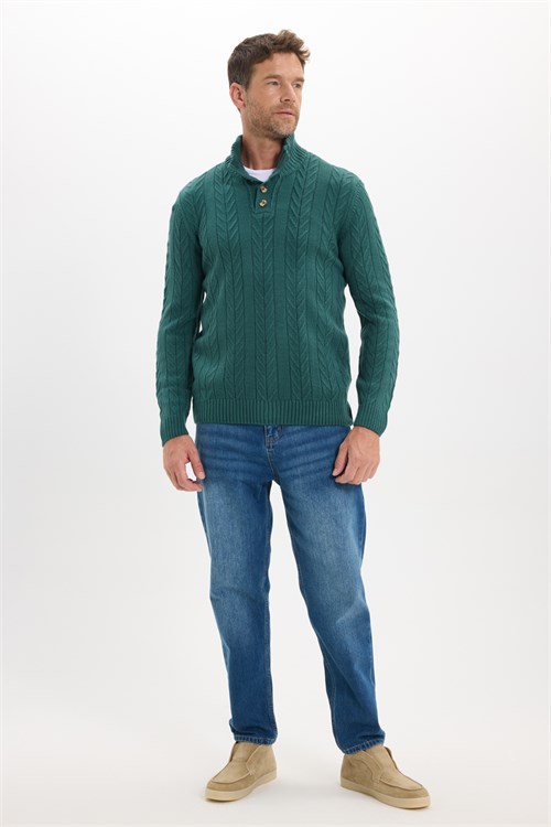 Erkek Slim Fit Dar Kesim Yumuşak Dokulu Desenli Dik Yaka Düğmeli Triko Yeşil Kazak