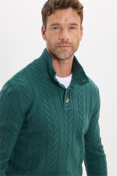 Erkek Slim Fit Dar Kesim Yumuşak Dokulu Desenli Dik Yaka Düğmeli Triko Yeşil Kazak
