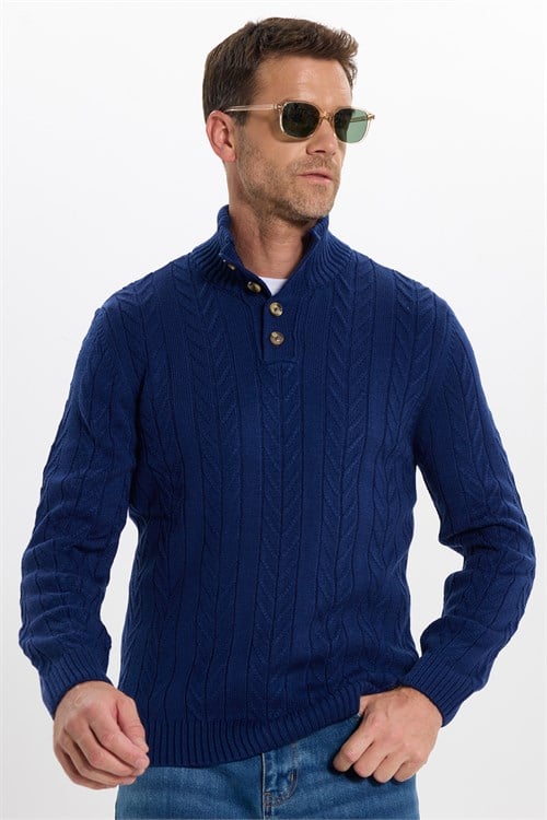Erkek Slim Fit Dar Kesim Yumuşak Dokulu Desenli Dik Yaka Düğmeli Triko Saks Mavi Kazak