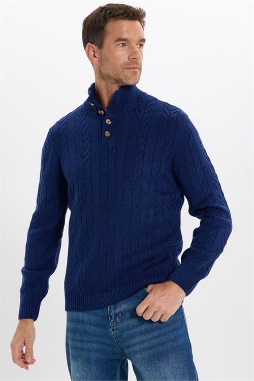 Erkek Slim Fit Dar Kesim Yumuşak Dokulu Desenli Dik Yaka Düğmeli Triko Saks Mavi Kazak