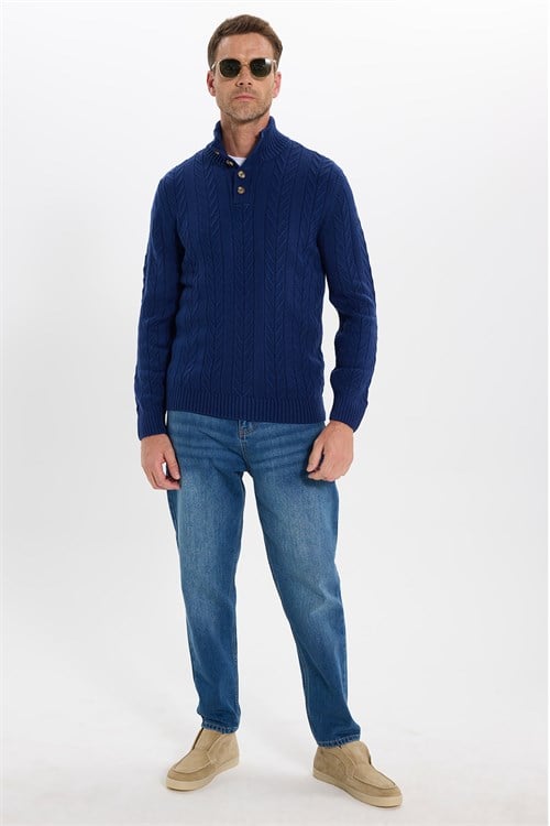 Erkek Slim Fit Dar Kesim Yumuşak Dokulu Desenli Dik Yaka Düğmeli Triko Saks Mavi Kazak