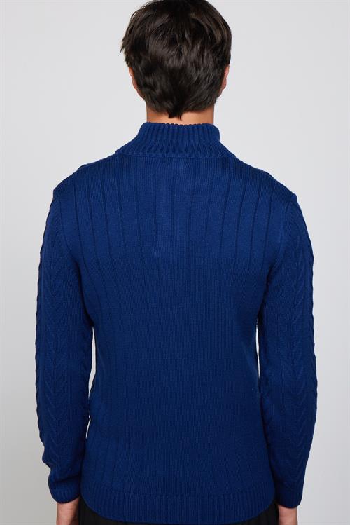 Erkek Slim Fit Dar Kesim Yumuşak Dokulu Desenli Dik Yaka Düğmeli Triko Saks Mavi Kazak