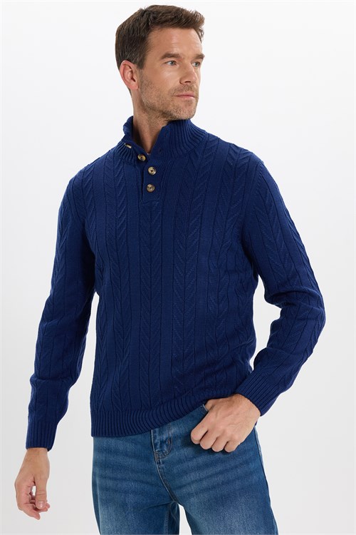 Erkek Slim Fit Dar Kesim Yumuşak Dokulu Desenli Dik Yaka Düğmeli Triko Saks Mavi Kazak