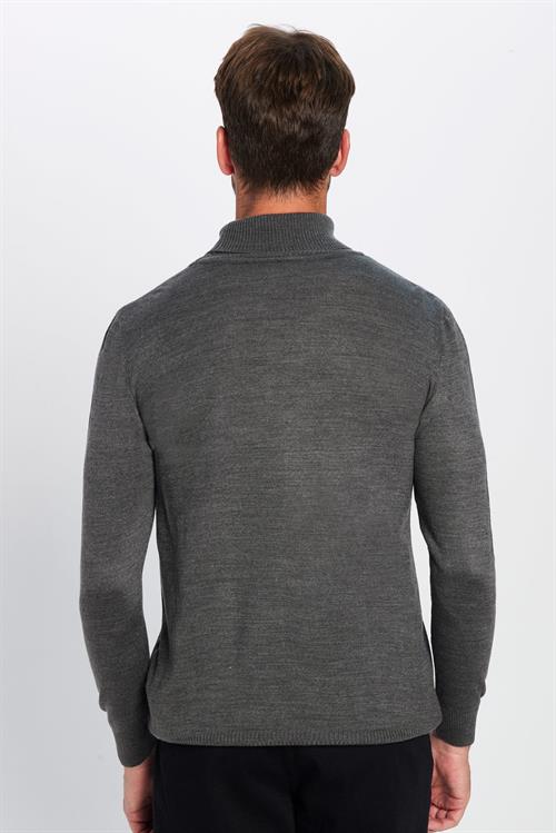 Erkek Slim Fit Dar Kesim Yumuşak Dokulu Tüylenmeyen Gri Tam Balıkçı Yaka Triko Kazak