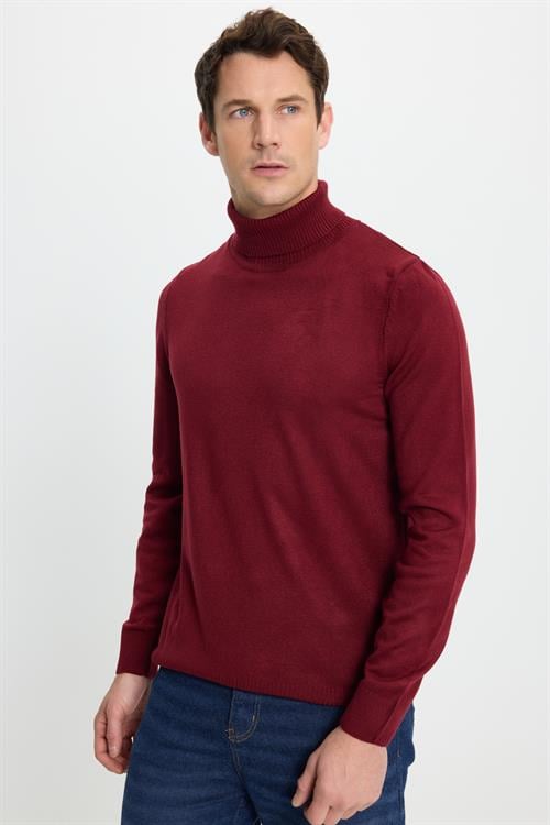 Erkek Slim Fit Dar Kesim Yumuşak Dokulu Tüylenmeyen Bordo Tam Balıkçı Yaka Triko Kazak