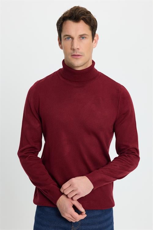 Erkek Slim Fit Dar Kesim Yumuşak Dokulu Tüylenmeyen Bordo Tam Balıkçı Yaka Triko Kazak