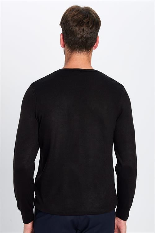 Erkek Slim Fit Dar Kesim Yumuşak Dokulu Tüylenmeyen Siyah Bisiklet Yaka Triko Kazak