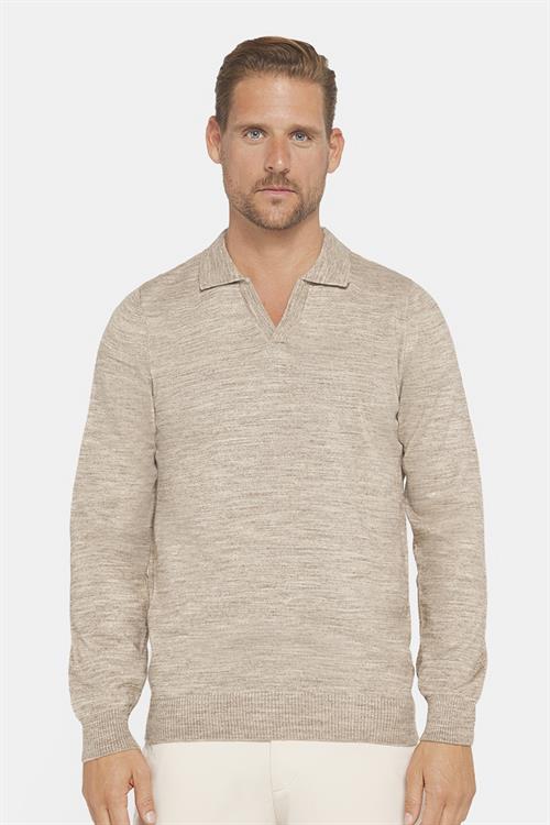 Erkek Slim Fit Dar Kesim Polo V Yaka Bej Triko Kazak