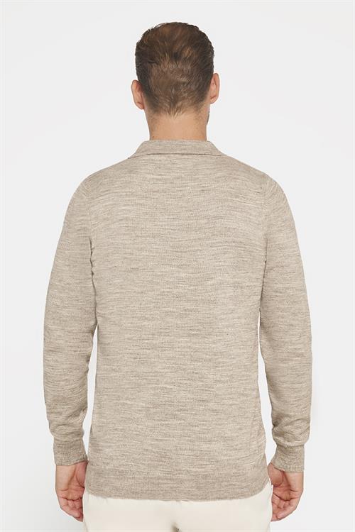 Erkek Slim Fit Dar Kesim Polo V Yaka Bej Triko Kazak