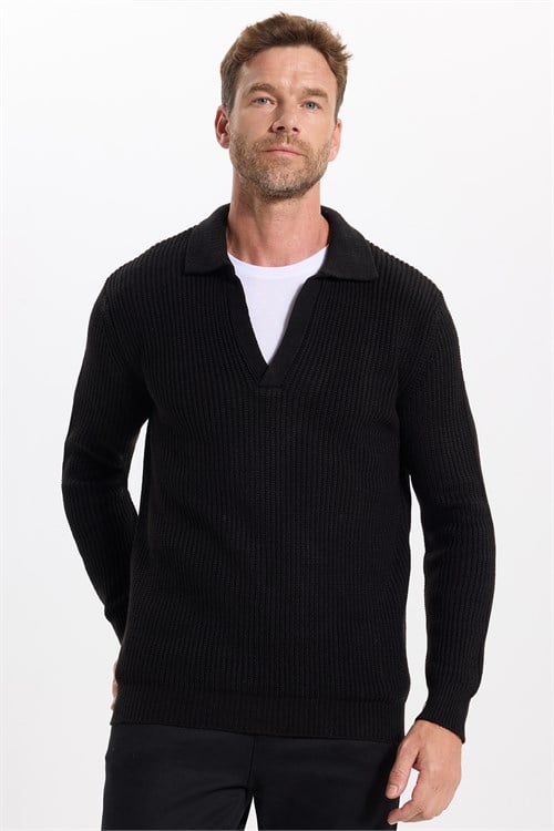 Erkek Slim Fit Dar Kesim Polo Yaka Siyah Kazak