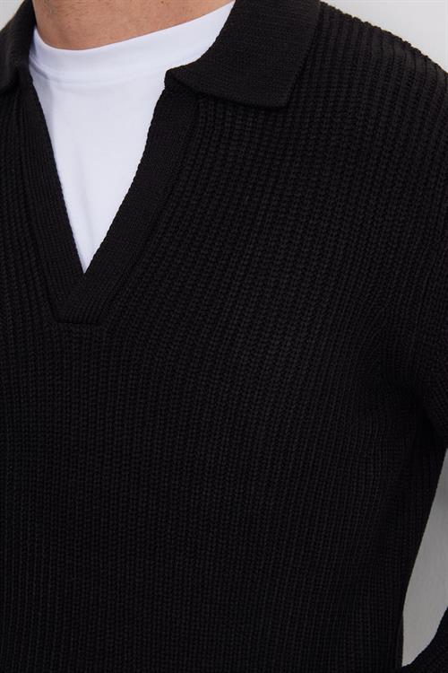 Erkek Slim Fit Dar Kesim Polo Yaka Siyah Kazak