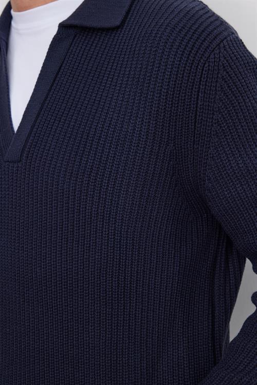 Erkek Slim Fit Dar Kesim Polo Yaka Lacivert Kazak