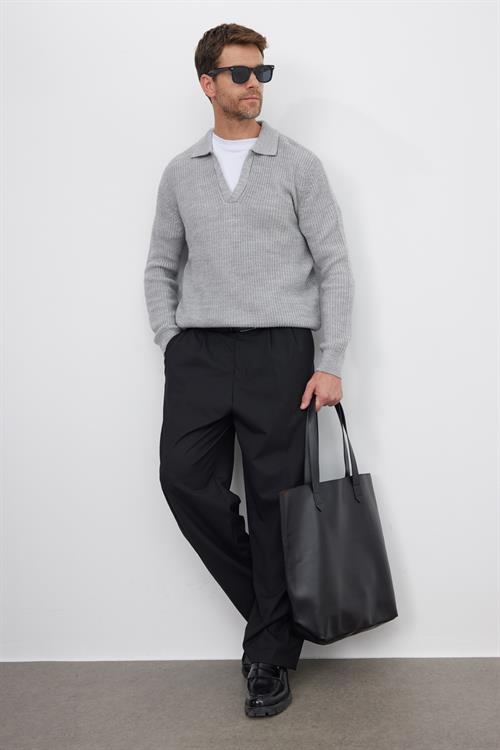 Erkek Slim Fit Dar Kesim Polo Yaka Gri Kazak