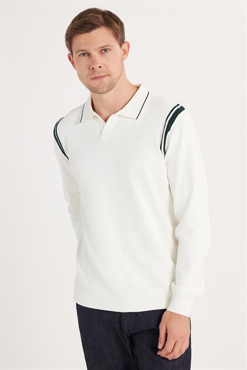 Erkek Slim Fit Dar Kesim Uzun Kol Polo Yaka Çizgili Beyaz Kazak