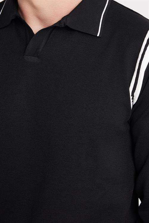 Erkek Slim Fit Dar Kesim Uzun Kol Polo Yaka Çizgili Siyah Kazak