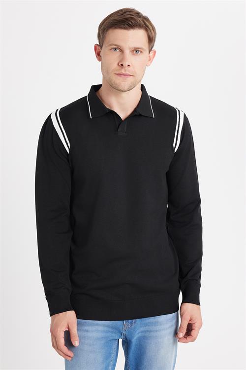 Erkek Slim Fit Dar Kesim Uzun Kol Polo Yaka Çizgili Siyah Kazak