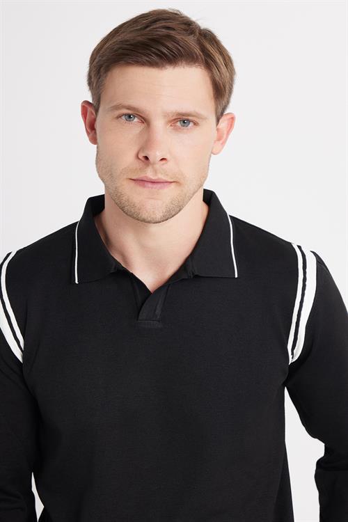 Erkek Slim Fit Dar Kesim Uzun Kol Polo Yaka Çizgili Siyah Kazak