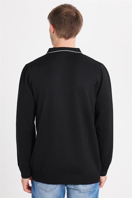 Erkek Slim Fit Dar Kesim Uzun Kol Polo Yaka Çizgili Siyah Kazak