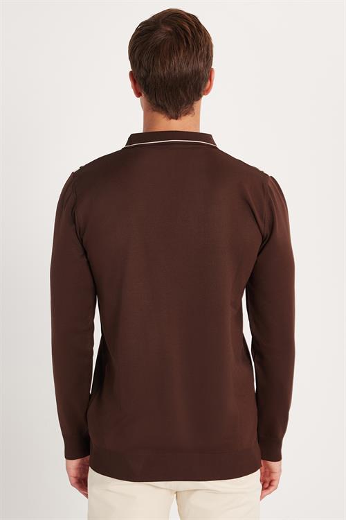 Erkek Slim Fit Dar Kesim Uzun Kol Polo Yaka Çizgili Kahverengi Kazak