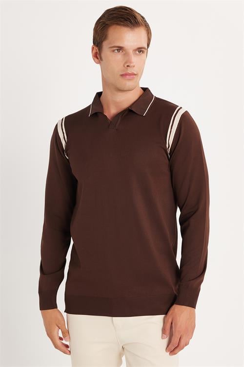 Erkek Slim Fit Dar Kesim Uzun Kol Polo Yaka Çizgili Kahverengi Kazak