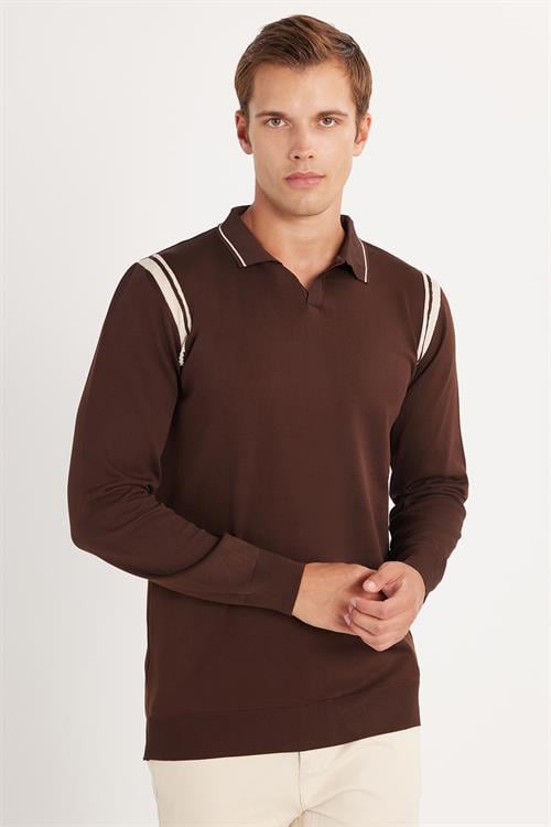 Erkek Slim Fit Dar Kesim Uzun Kol Polo Yaka Çizgili Kahverengi Kazak