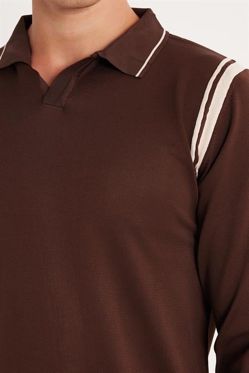 Erkek Slim Fit Dar Kesim Uzun Kol Polo Yaka Çizgili Kahverengi Kazak