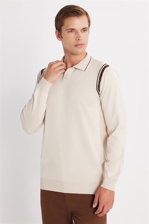 Erkek Slim Fit Dar Kesim Uzun Kol Polo Yaka Çizgili Taş Kazak