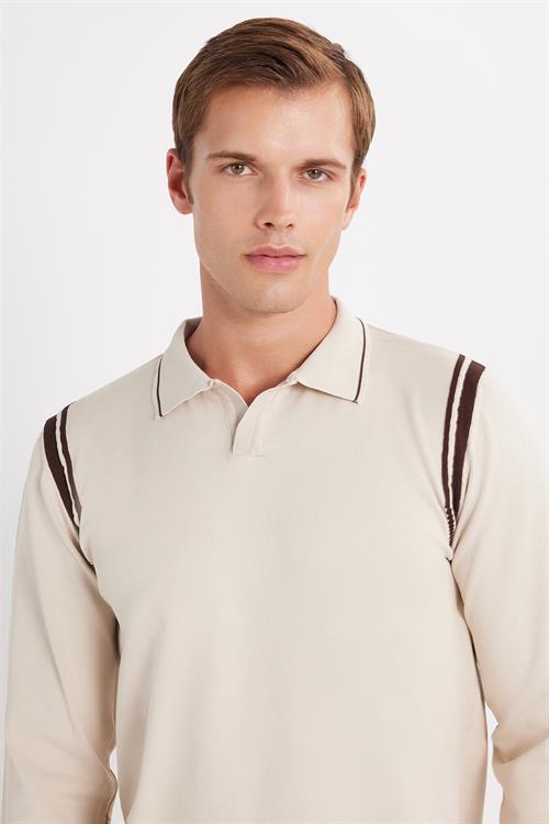 Erkek Slim Fit Dar Kesim Uzun Kol Polo Yaka Çizgili Taş Kazak