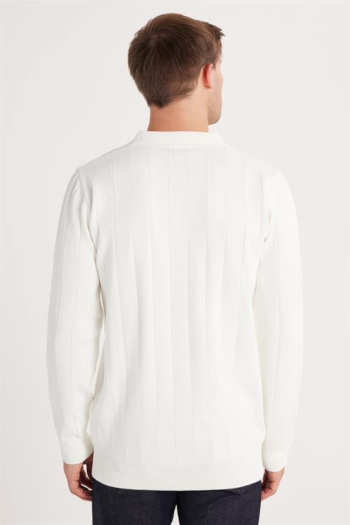 Erkek Slim Fit Dar Kesim Uzun Kol Polo Yaka Çizgili Beyaz Kazak