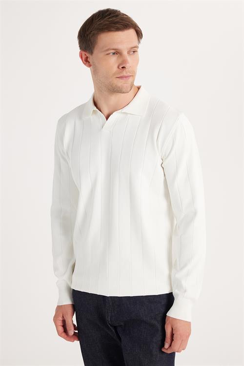 Erkek Slim Fit Dar Kesim Uzun Kol Polo Yaka Çizgili Beyaz Kazak