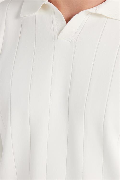 Erkek Slim Fit Dar Kesim Uzun Kol Polo Yaka Çizgili Beyaz Kazak