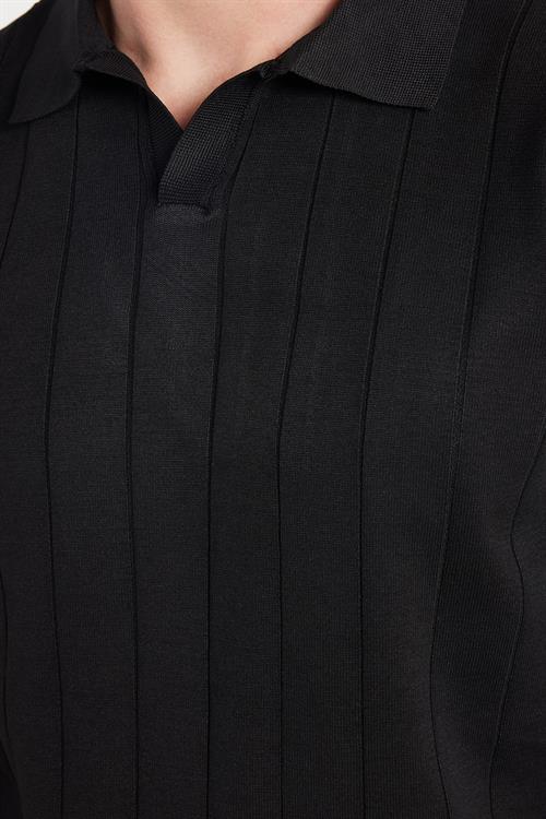 Erkek Slim Fit Dar Kesim Uzun Kol Polo Yaka Çizgili Siyah Kazak