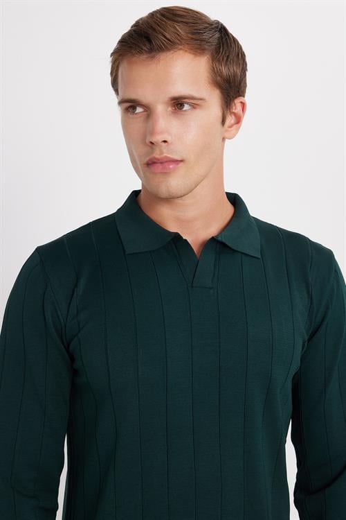 Erkek Slim Fit Dar Kesim Uzun Kol Polo Yaka Çizgili Yeşil Kazak