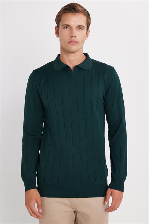 Erkek Slim Fit Dar Kesim Uzun Kol Polo Yaka Çizgili Yeşil Kazak