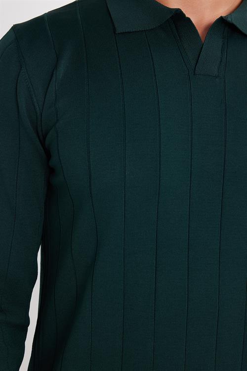 Erkek Slim Fit Dar Kesim Uzun Kol Polo Yaka Çizgili Yeşil Kazak