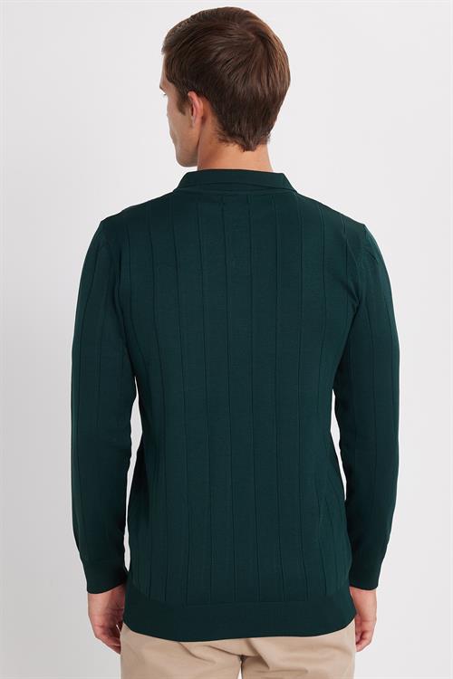 Erkek Slim Fit Dar Kesim Uzun Kol Polo Yaka Çizgili Yeşil Kazak