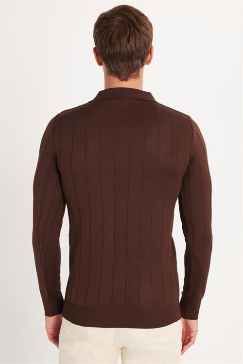 Erkek Slim Fit Dar Kesim Uzun Kol Polo Yaka Çizgili Kahverengi Kazak