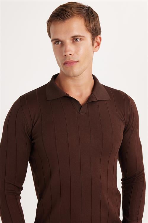 Erkek Slim Fit Dar Kesim Uzun Kol Polo Yaka Çizgili Kahverengi Kazak