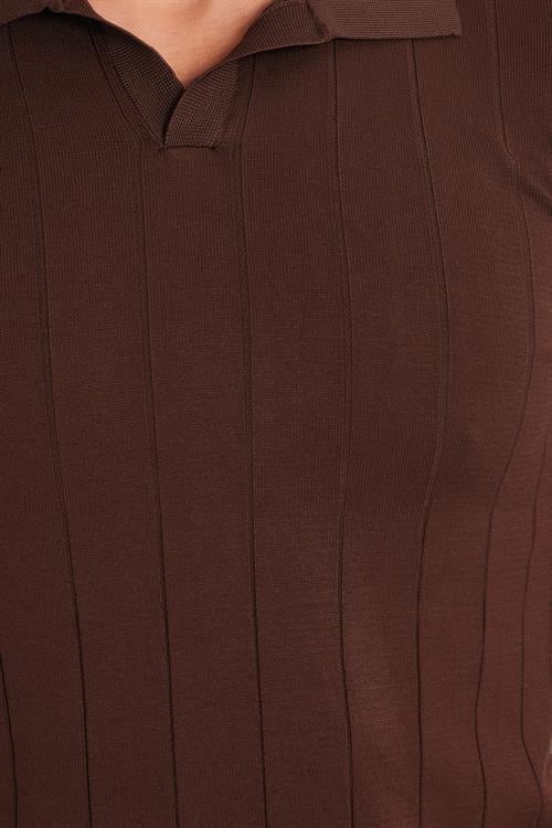 Erkek Slim Fit Dar Kesim Uzun Kol Polo Yaka Çizgili Kahverengi Kazak