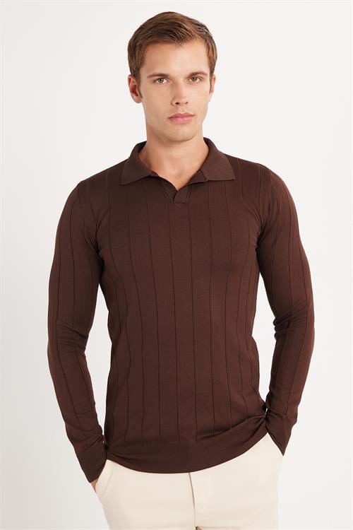 Erkek Slim Fit Dar Kesim Uzun Kol Polo Yaka Çizgili Kahverengi Kazak