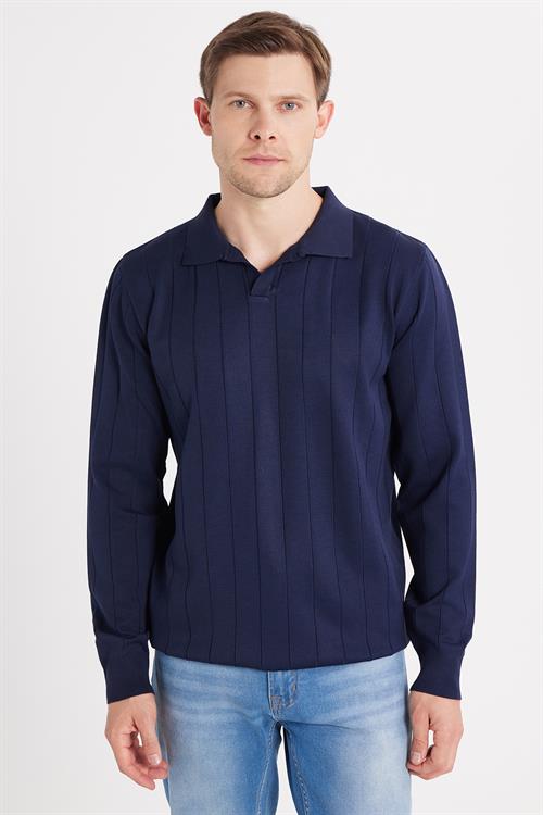 Erkek Slim Fit Dar Kesim Uzun Kol Polo Yaka Çizgili Lacivert Kazak