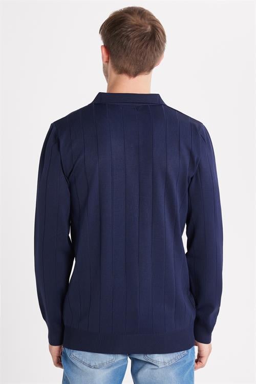 Erkek Slim Fit Dar Kesim Uzun Kol Polo Yaka Çizgili Lacivert Kazak