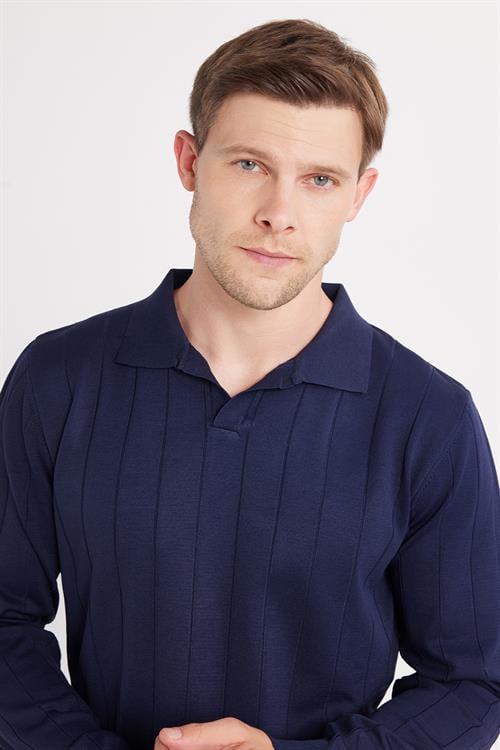 Erkek Slim Fit Dar Kesim Uzun Kol Polo Yaka Çizgili Lacivert Kazak