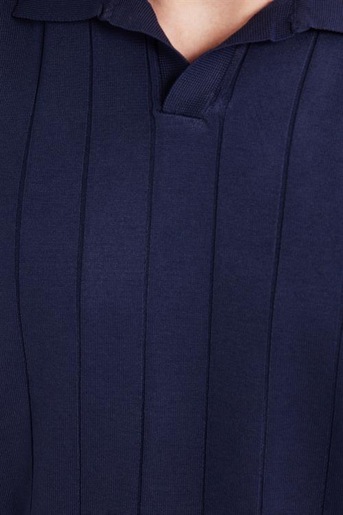 Erkek Slim Fit Dar Kesim Uzun Kol Polo Yaka Çizgili Lacivert Kazak