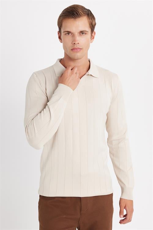 Erkek Slim Fit Dar Kesim Uzun Kol Polo Yaka Çizgili Taş Kazak