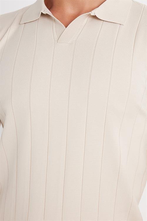 Erkek Slim Fit Dar Kesim Uzun Kol Polo Yaka Çizgili Taş Kazak
